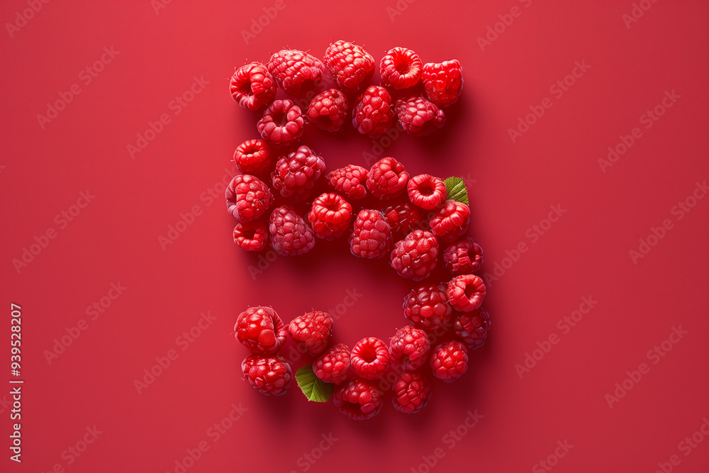 Number 5 made of raspberries, pink, red background, red tasty fresh berries number Number 5 made of raspberries, pink, red background, red tasty fresh berries number