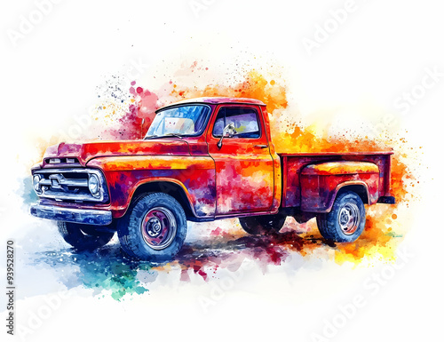 A vibrant watercolor painting of a classic red pickup truck, showcasing artistry and nostalgia. photo