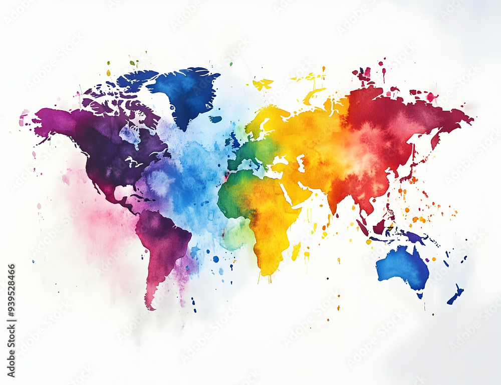 Naklejka premium A vibrant watercolor world map featuring a blend of colors representing different continents and oceans creatively.