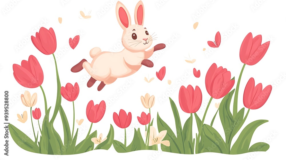 Bouncing Bunny in Tulip Wonderland - Cheerful Children’s Book Style Illustration Bouncing Bunny in Tulip Wonderland - Cheerful Children’s Book Style Illustration
