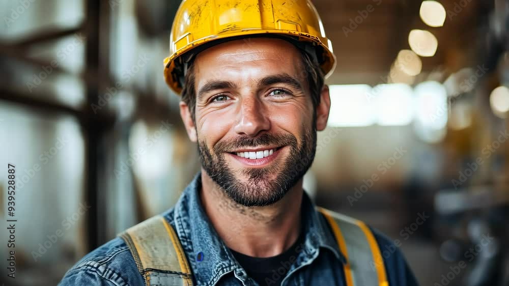 Portrait of a smiling worker in a hard hat looking at the camera against a blurred background. Portrait of a smiling worker in a hard hat looking at the camera against a blurred background.