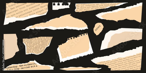 Collage Set elements for scrapbook. Trendy retro vintage paper cut, newspaper, notebook sheet. Old rip torn paper collection. Craft retro gazettes, grunge papers collection. Vector illustration.