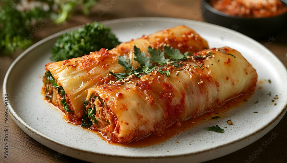 Delicious cabbage roll filled with savory ingredients, topped with rich tomato sauce and garnished with fresh herbs on a plate. Delicious cabbage roll filled with savory ingredients, topped with rich tomato sauce and garnished with fresh herbs on a plate.