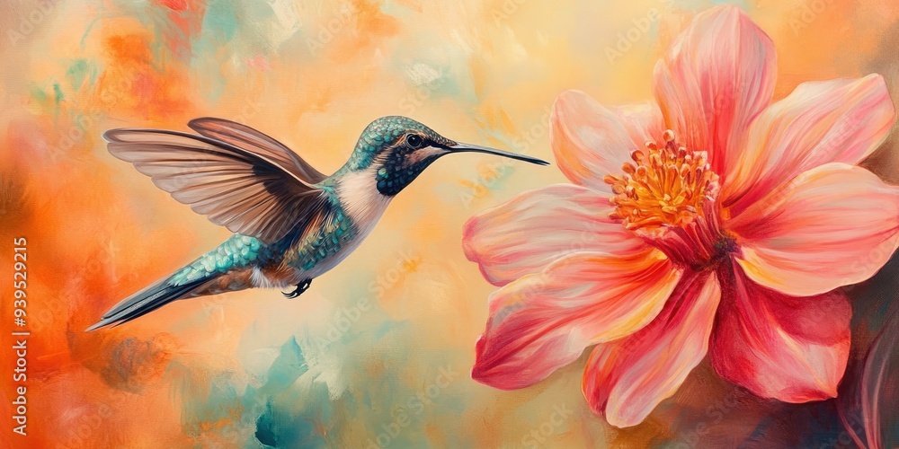 Hummingbird hovers near pink flower, painted. Hummingbird hovers near pink flower, painted.