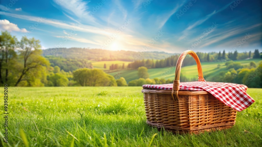 Picnic basket on green grass with peaceful landscape in background, perfect for relaxation and weekend getaway , picnic Picnic basket on green grass with peaceful landscape in background, perfect for relaxation and weekend getaway , picnic
