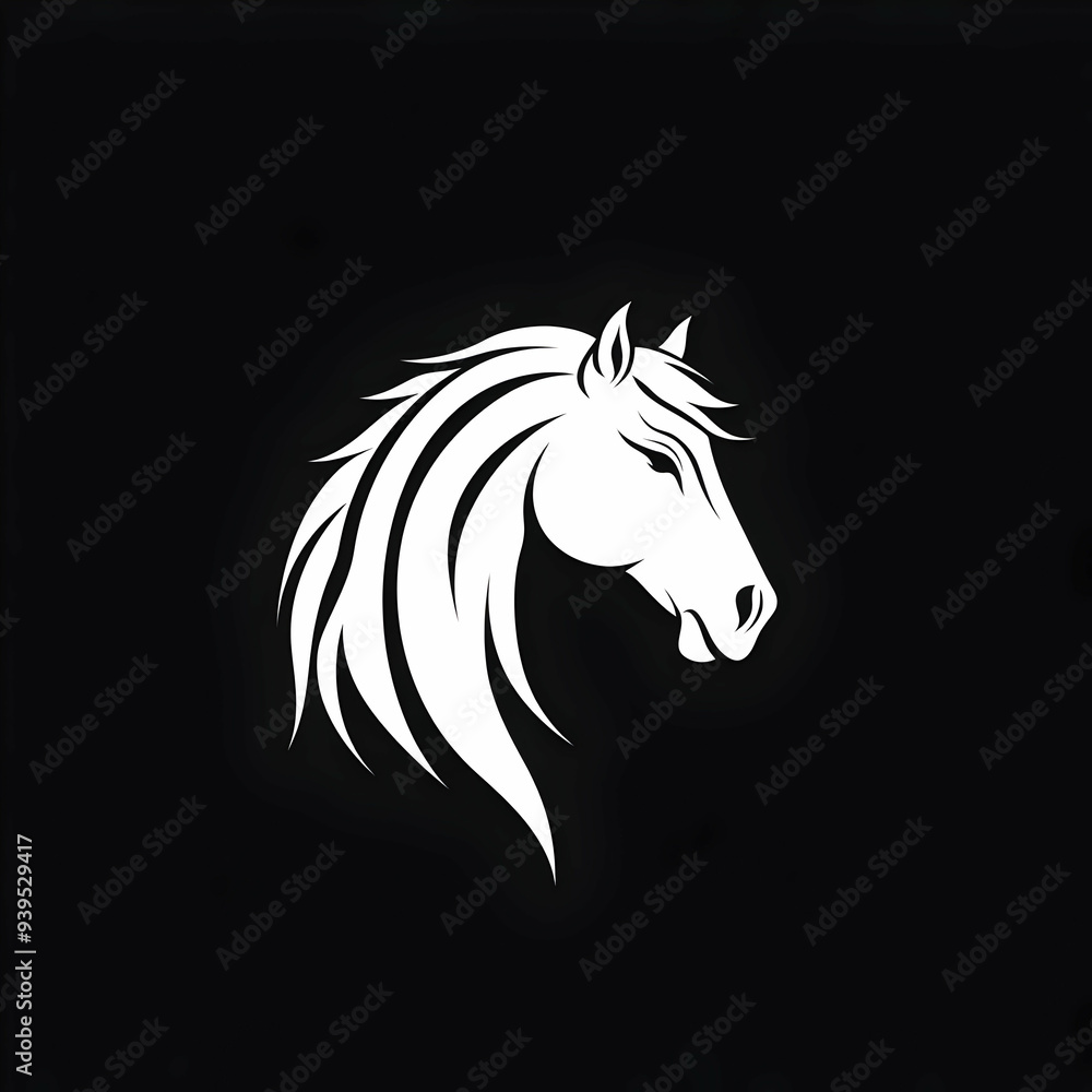 Elegant white horse silhouette on black background, ideal for logo design and equestrian themes. Elegant white horse silhouette on black background, ideal for logo design and equestrian themes.