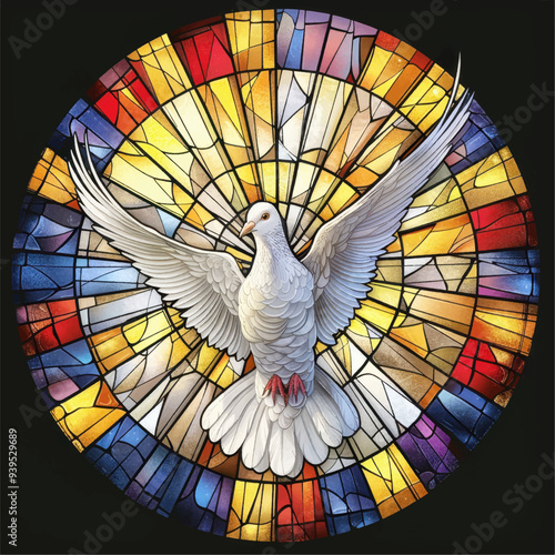 Flying white dove, colored church window, vector illustration