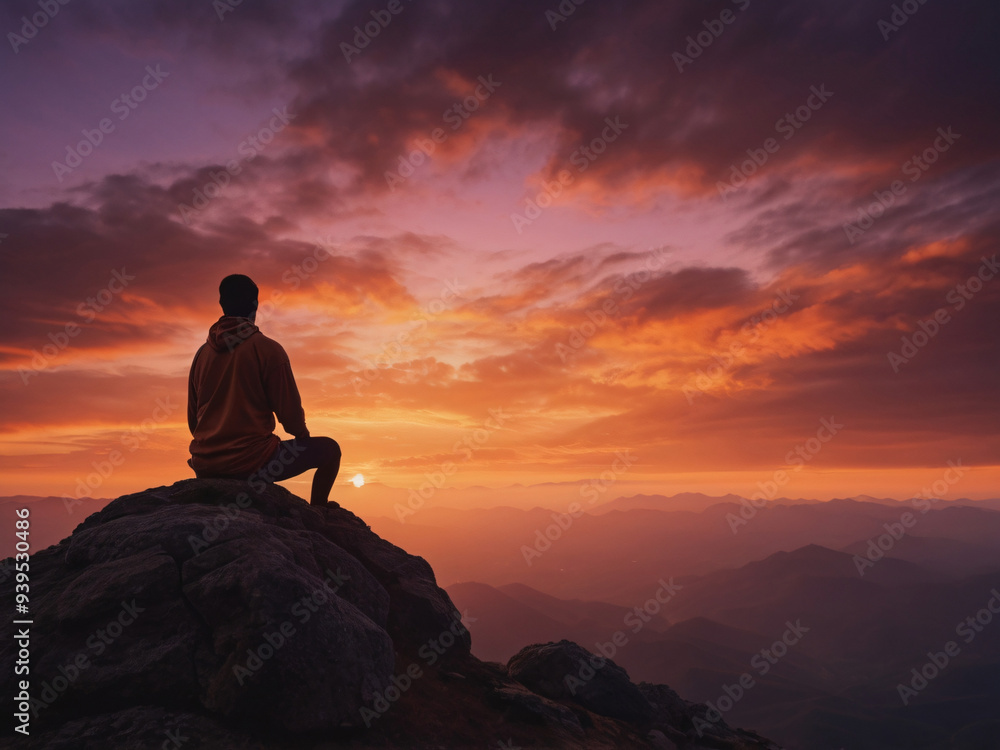 silhouette of person sitting on the top of mountain silhouette of person sitting on the top of mountain