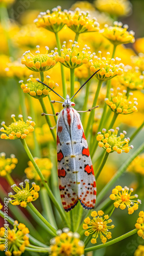 A crimson-speckled flunkey (Utetheisa pulchella) moth on flowers of fennel flowers in the autumn photo