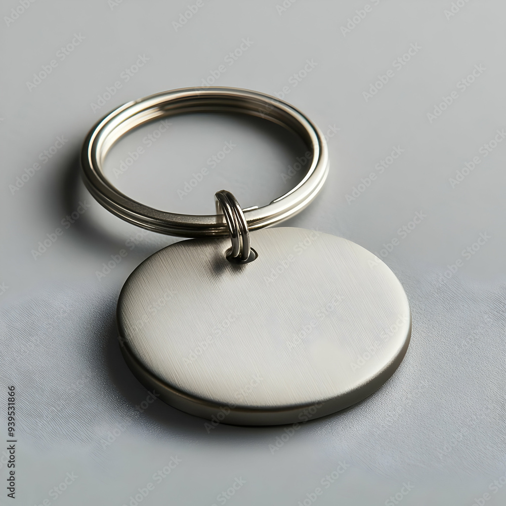 A sleek, metallic keyring featuring a smooth, circular tag, perfect for personalization and practical use.