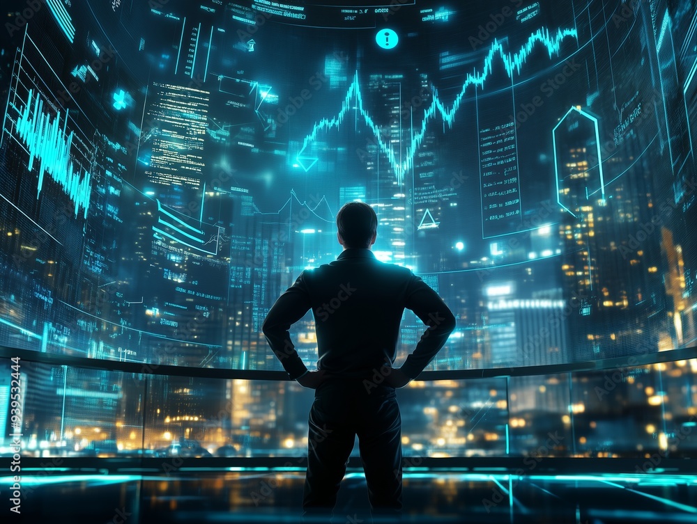 A man in the center stands with his hands on his hips, looking at futuristic graphs and charts of stock market data floating above him against an urban cityscape background A man in the center stands with his hands on his hips, looking at futuristic graphs and charts of stock market data floating above him against an urban cityscape background