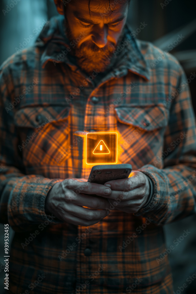 Man Receiving Security Warning on Closeup Night Shot, Outdoor Setting Man Receiving Security Warning on Closeup Night Shot, Outdoor Setting