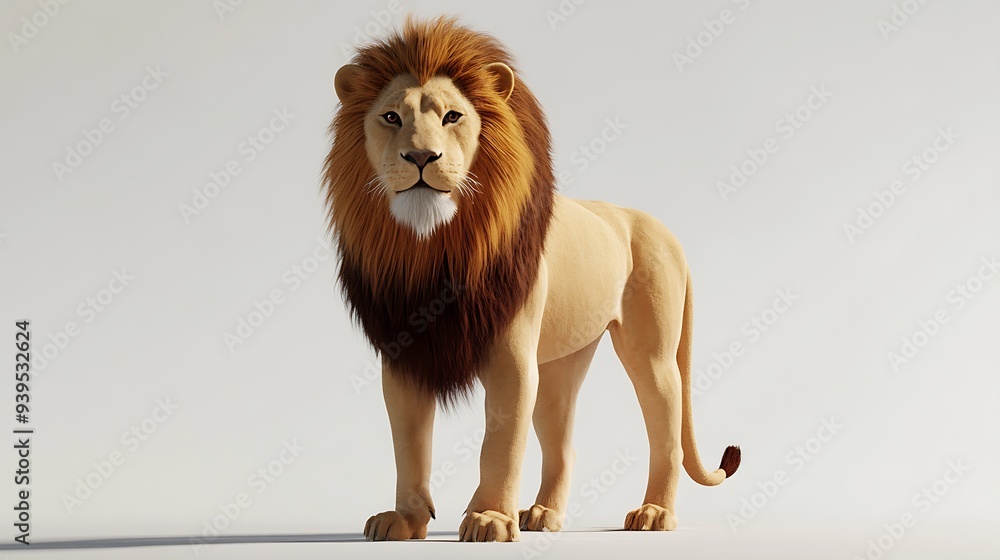 Obraz premium Majestic 3D Render of a Lion Standing Gracefully on White Background - Full Body Shot of King of the Jungle