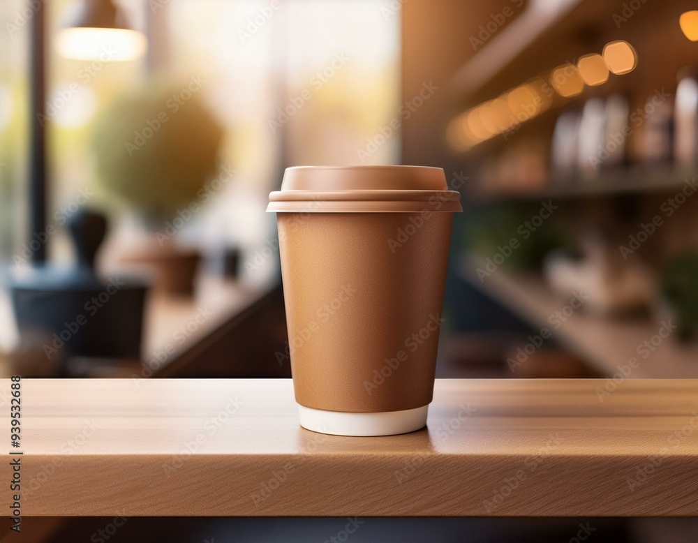 Empty brown 3D paper coffee cup on cafe shelf, copy space Empty brown 3D paper coffee cup on cafe shelf, copy space