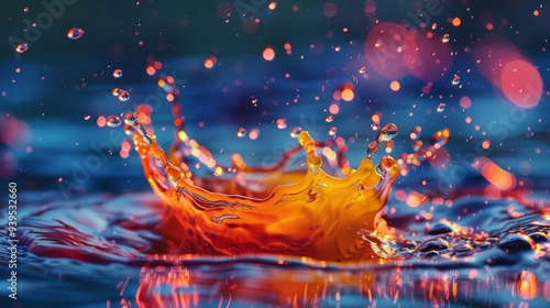 A vivid macro shot capturing a water splash with warm and cool colors, showcasing an intricate and dynamic pattern. photo