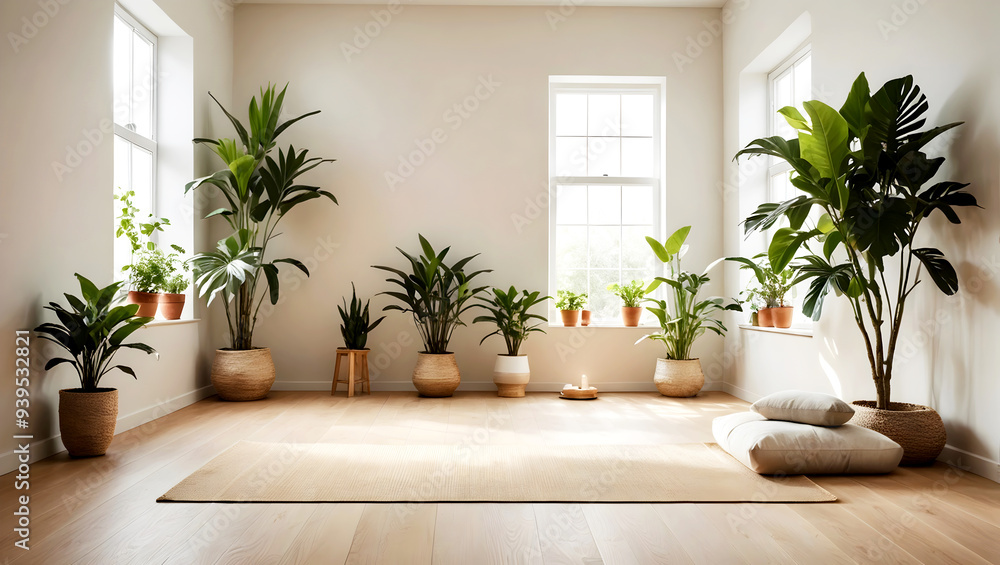 A serene meditation space with plants and soft lighting for mindfulness and self-care activities A serene meditation space with plants and soft lighting for mindfulness and self-care activities