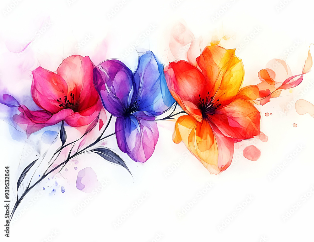 Fototapeta premium A vibrant watercolor illustration of colorful flowers, showcasing beauty and elegance in a delicate floral arrangement.