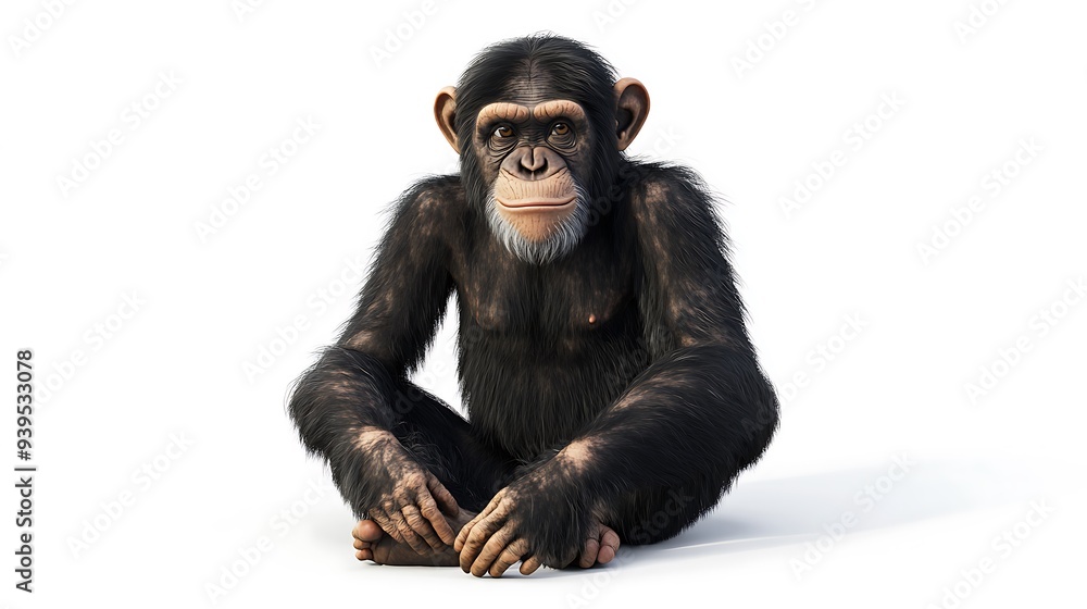 Playful 3D Render of Chimpanzee Sitting on White Background - Full Body Shot with Realistic Details and Expressive Pose
