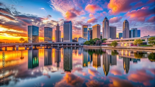 Wallpaper Mural Tampa Florida skyline with colorful sunset reflecting in the water, Tampa, Florida, skyline, city, urban, downtown Torontodigital.ca