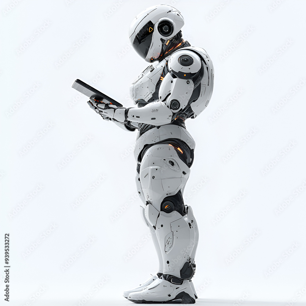 A highly detailed futuristic robot holding and using a tablet, showcasing advanced technology and artificial intelligence in a sleek, modern design. A highly detailed futuristic robot holding and using a tablet, showcasing advanced technology and artificial intelligence in a sleek, modern design.