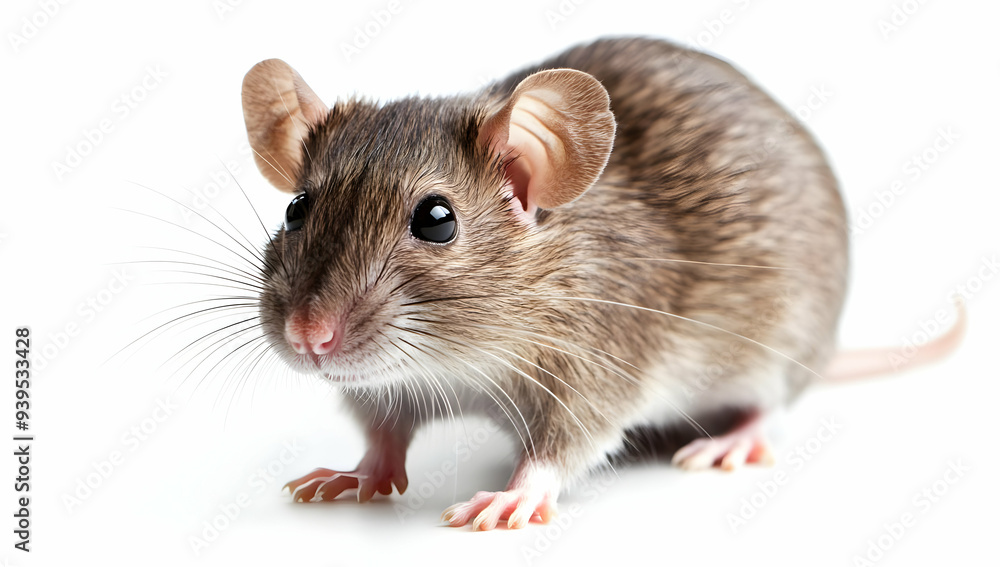 Close-up of a cute brown mouse standing on a white background, showcasing its whiskers and curious expression. Close-up of a cute brown mouse standing on a white background, showcasing its whiskers and curious expression.