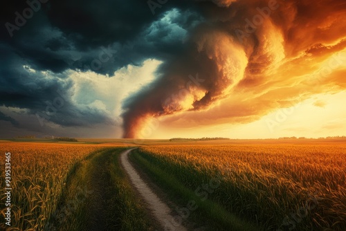 Tornado Alley Landscape: Agricultural Fields Hit by Tornado at Sunset