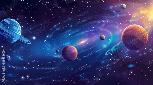 A vibrant cosmic scene of various planets and stars, illustrating the dynamic and expansive nature of the universe, ideal for space and exploration themes.