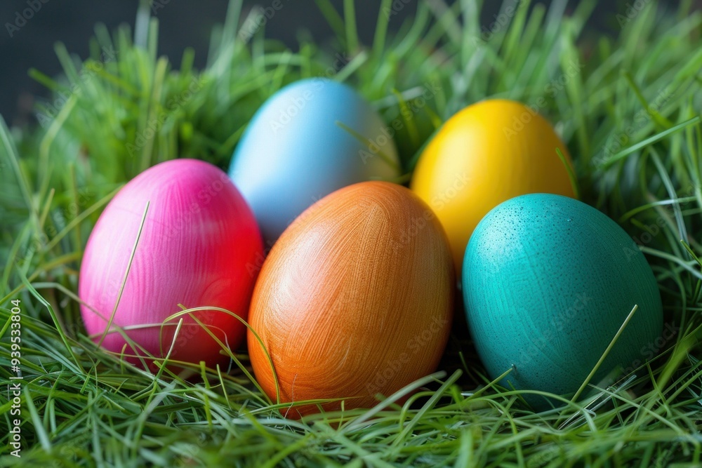 Brightly colored easter eggs resting in a bed of vibrant green grass, symbolizing the joy and renewal of spring Brightly colored easter eggs resting in a bed of vibrant green grass, symbolizing the joy and renewal of spring