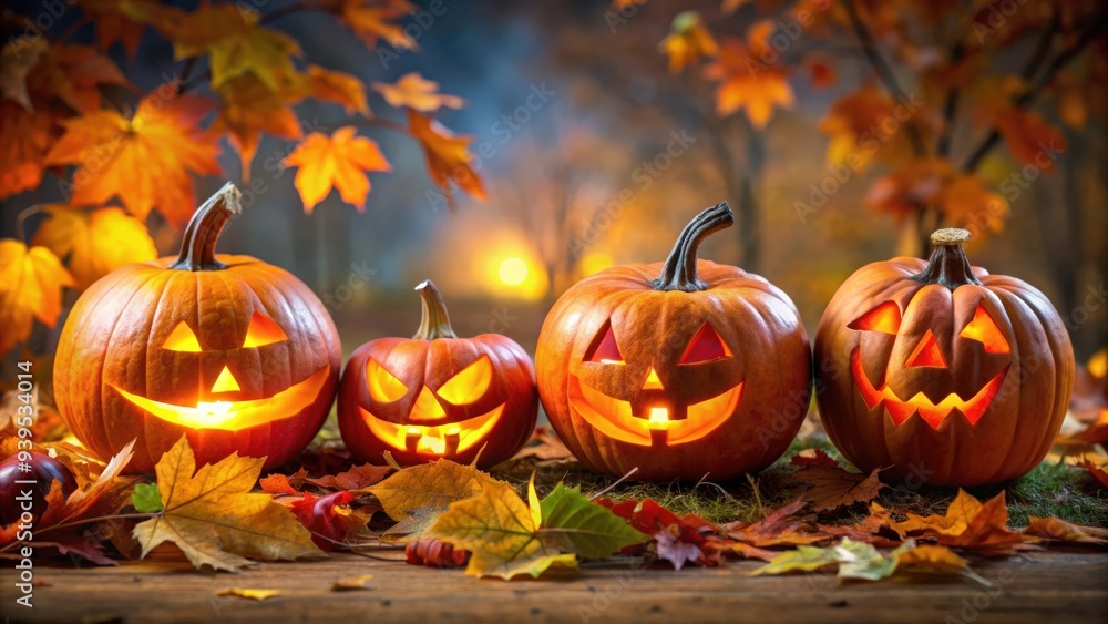 Fototapeta premium Halloween pumpkin scene with carved Jack-o'-lanterns among autumn leaves, creating a festive and spooky atmosphere