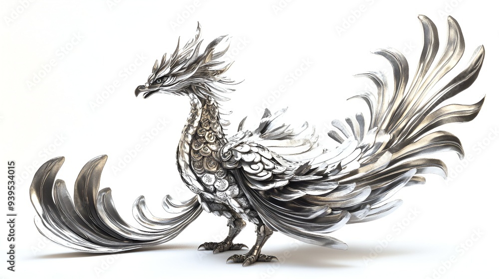 Majestic Silver Phoenix with Radiant Wings, Isolated on White Background Majestic Silver Phoenix with Radiant Wings, Isolated on White Background