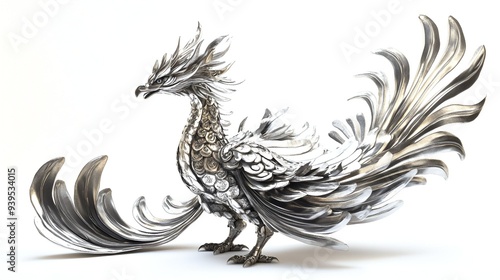 Majestic Silver Phoenix with Radiant Wings, Isolated on White Background
