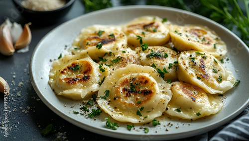 Delicious homemade dumplings served with herbs and garlic on a stylish plate, perfect for a culinary presentation.