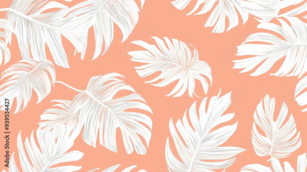 A pattern featuring white tropical leaves on a coral background, ideal for design use. A pattern featuring white tropical leaves on a coral background, ideal for design use.
