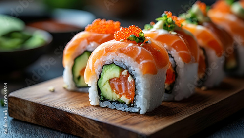 Delicious sushi roll featuring fresh salmon, avocado, and vibrant roe on a wooden platter. Perfect for food lovers. photo