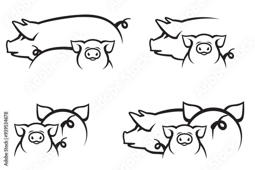 collection with monochrome illustration of pigs and piggy isolated on white background