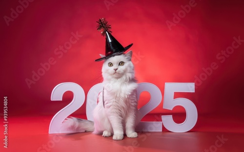 A festive white cat in a New Year's black hat on a bright red background. Pohadu inscriptions 2025. Concept of new year, New Year's holidays