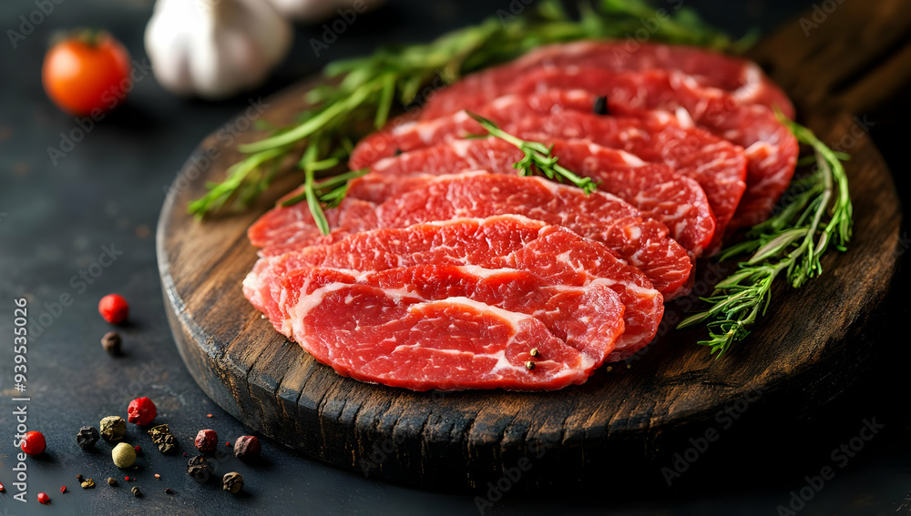 Freshly sliced beef displayed on a wooden board, garnished with herbs, perfect for culinary presentations and recipes. Freshly sliced beef displayed on a wooden board, garnished with herbs, perfect for culinary presentations and recipes.