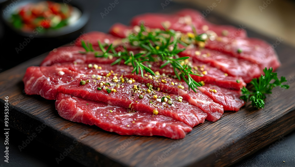 Freshly sliced beef steak garnished with herbs and spices on a wooden board for culinary presentation. Freshly sliced beef steak garnished with herbs and spices on a wooden board for culinary presentation.