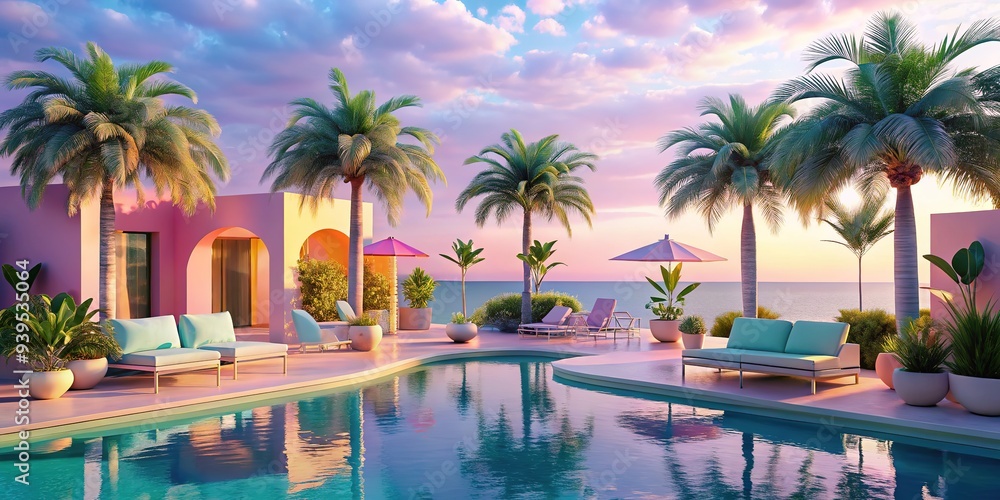 Fototapeta premium Soothing shades of blue and green envelop you in a serene atmosphere, as the gentle hum of a small waterfall creates a calming melody in this tropical oasis.