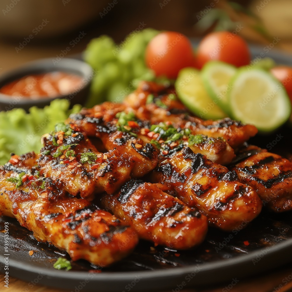 Grilled Chicken Skewers with Glaze and Garnish - Food Photography Grilled Chicken Skewers with Glaze and Garnish - Food Photography
