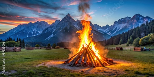 Traditional mountain bonfire celebration for the summer solstice in the Tiroler Zugspitz Arena near Ehrwald photo