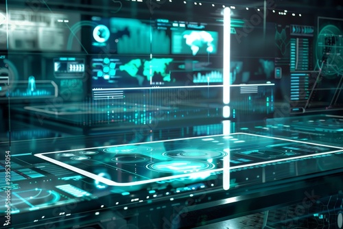 A futuristic scene showcasing a holographic interface with data visualizations in a high-tech environment.