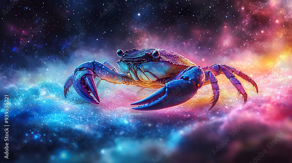 A blue crab crawls across a starry nebula, surrounded by colorful cosmic dust. Generated by AI. A blue crab crawls across a starry nebula, surrounded by colorful cosmic dust. Generated by AI.