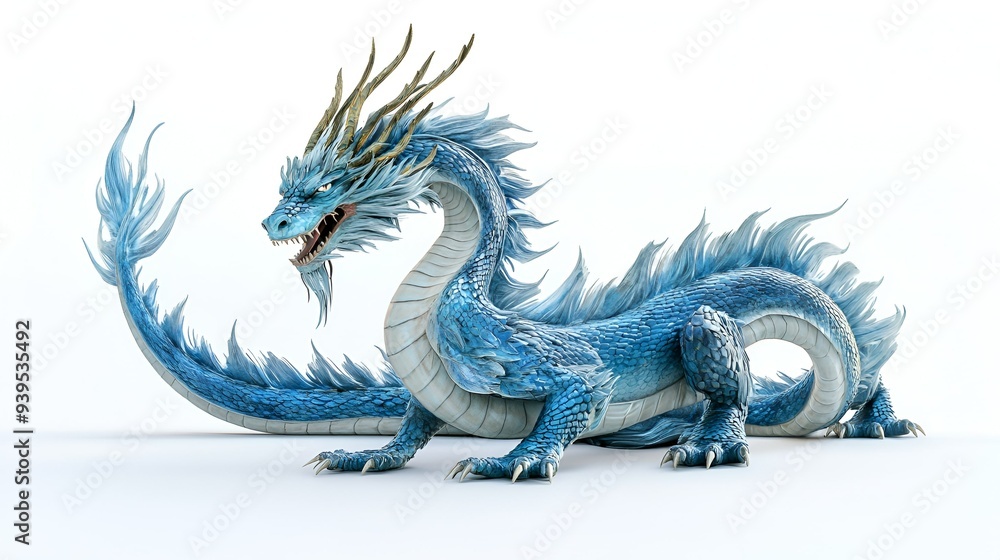 Obraz premium Azure Blue Dragon with Majestic Elegance, Isolated on White Background