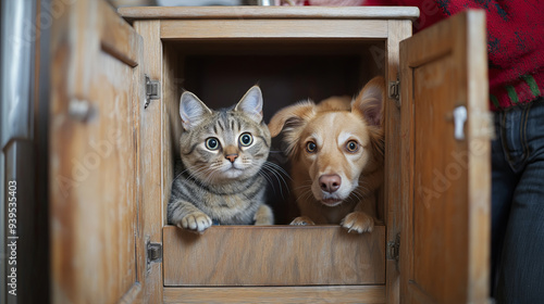Curious Cat and Dog Peeking from Wooden Cabinet