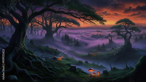 Spooky Halloween in the haunted forest graveyard with bats and scary trees, Generative AI
