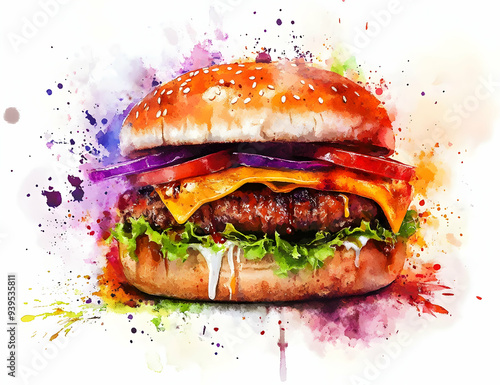 Vibrant illustration of a delicious burger with fresh ingredients and splashes of color, perfect for food art lovers. photo