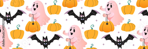 Spooky Halloween ghost seamless pattern. Scary ghost characters, fly funny spook. Halloween spooky cartoon poltergeist. Pattern for background, printing on wrapping paper, wallpaper or fabric.