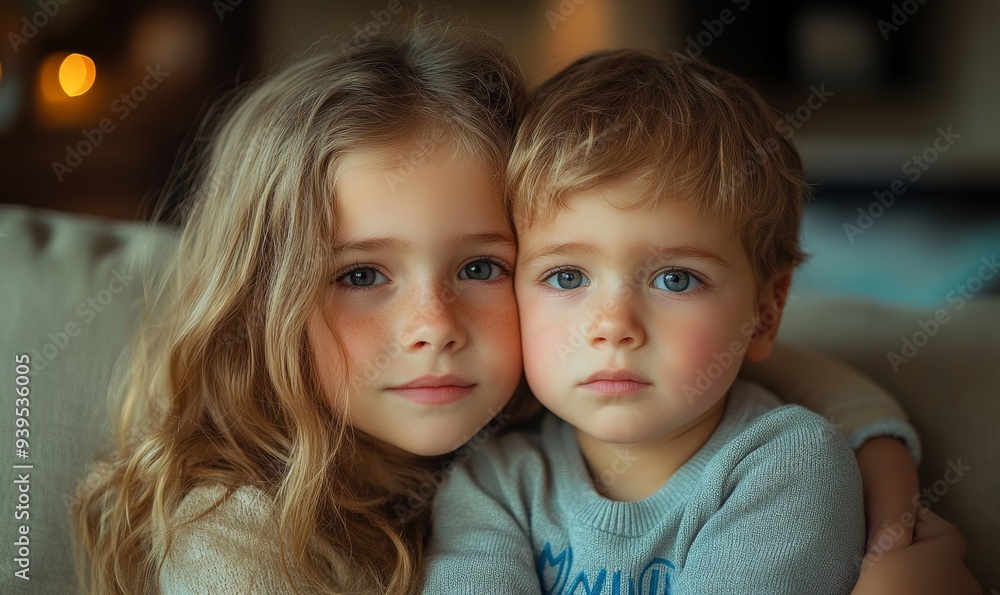 Head shot portrait of little kid girl cuddling smaller brother at home, showing love and care. Compassionate sister comforting soothing upset stressed, Generative AI Head shot portrait of little kid girl cuddling smaller brother at home, showing love and care. Compassionate sister comforting soothing upset stressed, Generative AI