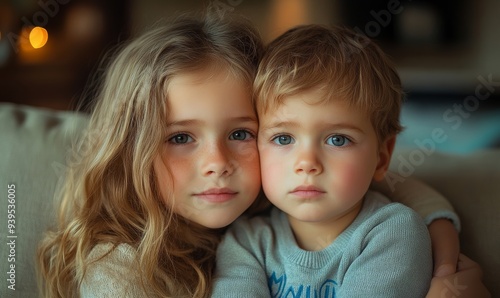 Head shot portrait of little kid girl cuddling smaller brother at home, showing love and care. Compassionate sister comforting soothing upset stressed, Generative AI